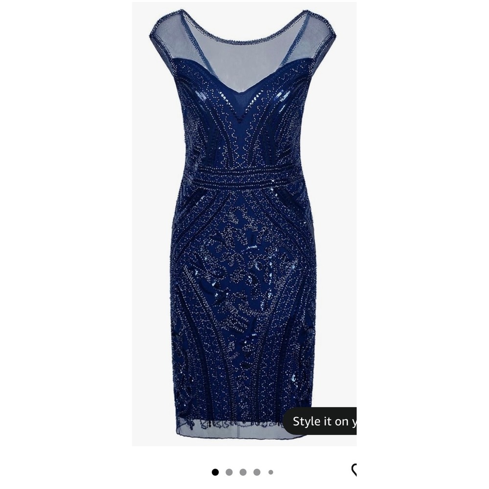 NWT Vijiv Navy Blue Sequin Beaded Flapper Dress Art Deco Gatsby Party XL NEW